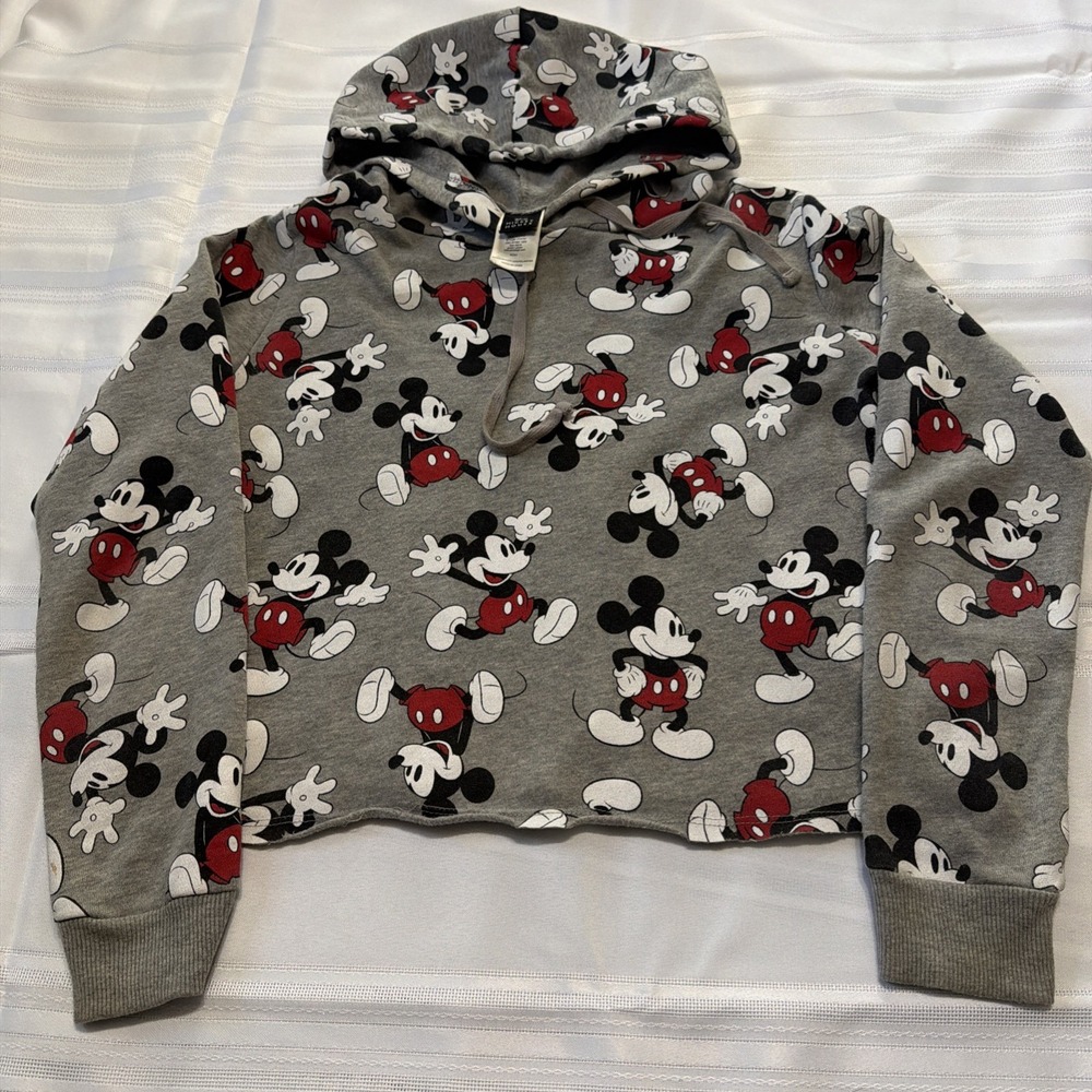 Disney Mickey Mouse All Over Print Cropped Hoodie Gray XS Jerry Leigh JT20761